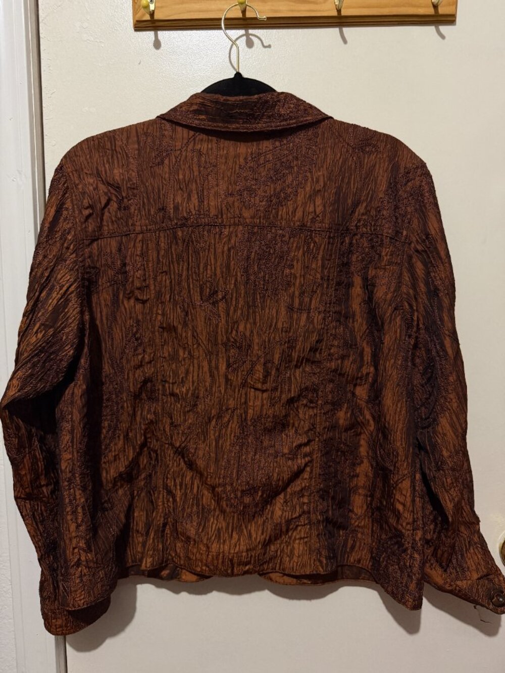 Coldwater Creek Metallic Copper / Bronze Crinkle Embroidered Button-Front Jacket - Picture 7 of 16